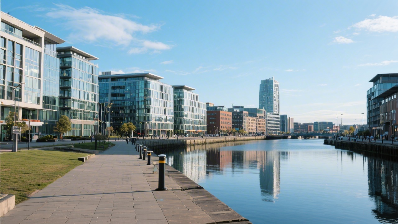 Wide view of Dublin Docklands with modern office buildings, a quiet riverside walkway, and a bright sky, reflecting a local business environment and training hub.