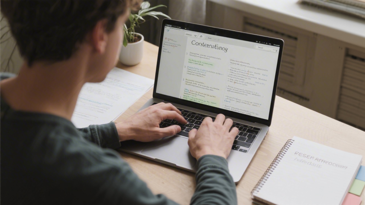 Creator working on a laptop with content drafts and a research notebook, suggesting a practical workflow for developing affiliate-focused content strategies.