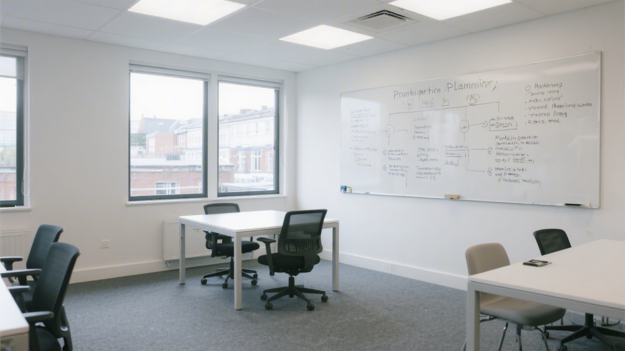 Interior of a modern Dublin office with minimal furniture, natural light, and a whiteboard showing structured planning notes for marketing training sessions.