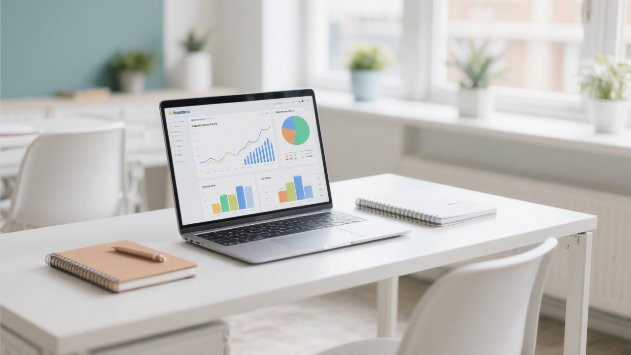 Bright Dublin workspace with a laptop showing analytics charts, notebooks, and a calm minimal desk, reflecting modern affiliate marketing training and professional education environment.