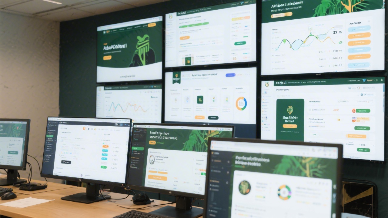 Collage of Irish brand websites and partner dashboards on multiple screens, showing local affiliate program discovery and practical research workflow in a training setting.