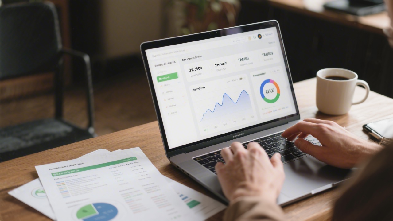 Close-up of a creator reviewing a revenue and traffic dashboard on a laptop, with printed reports and a coffee cup, illustrating sustainable affiliate monetization analysis.