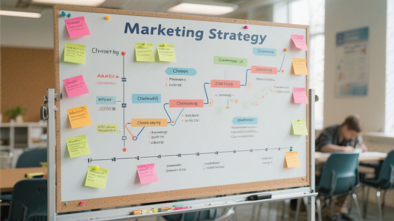 Marketing strategy board with sticky notes, channel diagrams, and timelines, representing planning sessions for affiliate campaigns in an educational setting.