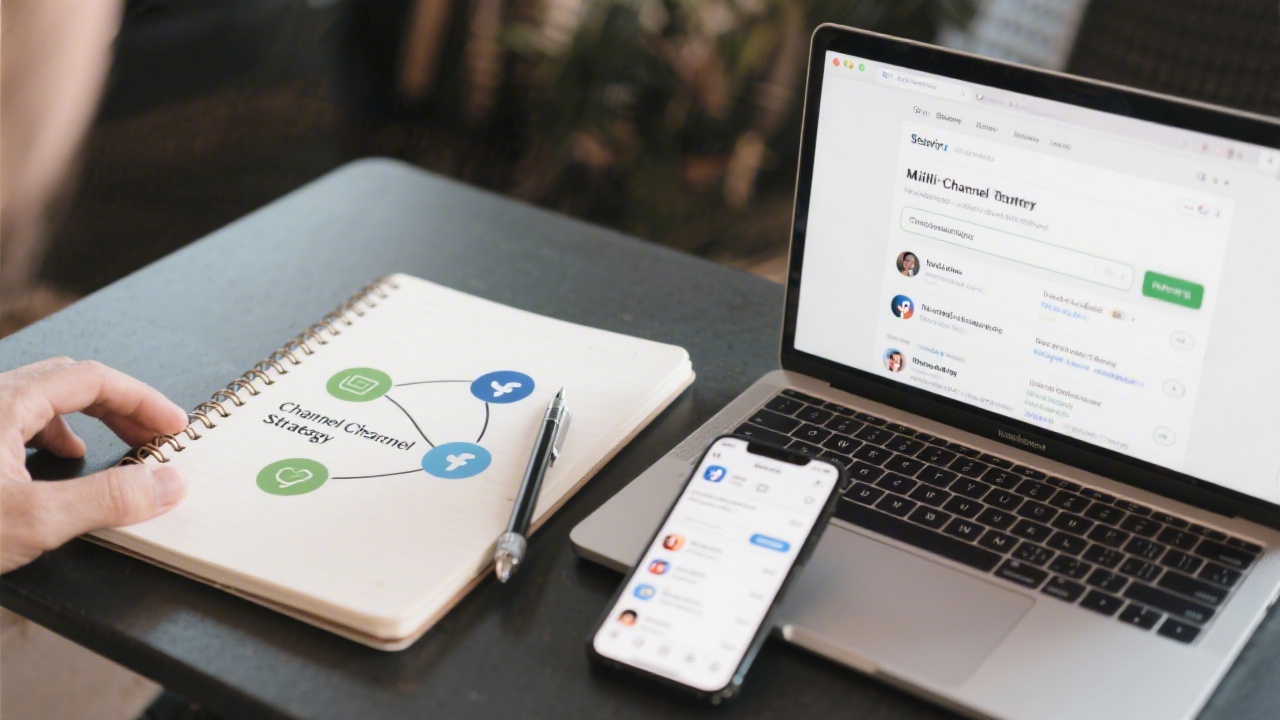 Notebook with channel strategy diagram, laptop open to search results, and smartphone with social feed, representing multi-channel traffic planning.