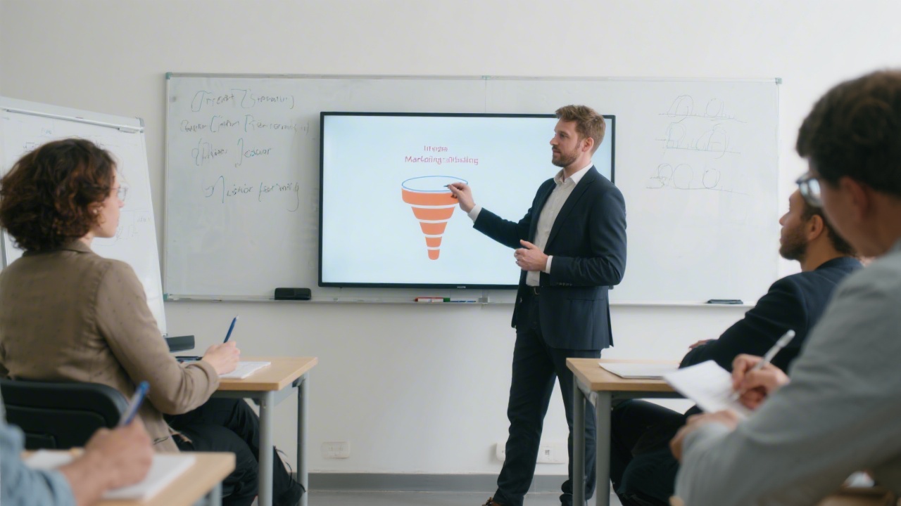 Small classroom session with a presenter explaining marketing funnels on a digital whiteboard, participants taking notes, and a professional learning atmosphere.