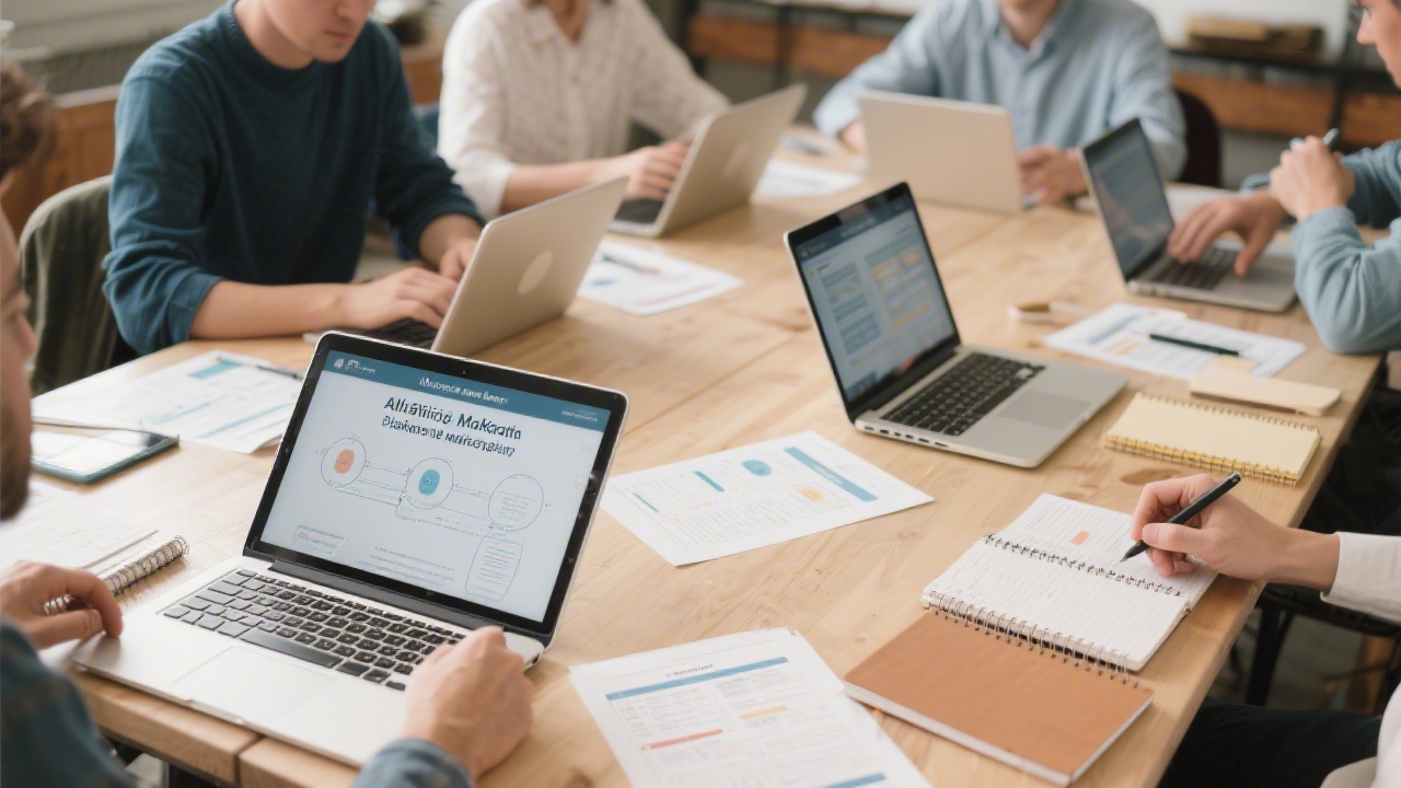 Hands-on workshop table with laptops, notebooks, and printed worksheets, showing a collaborative learning environment focused on affiliate marketing planning.